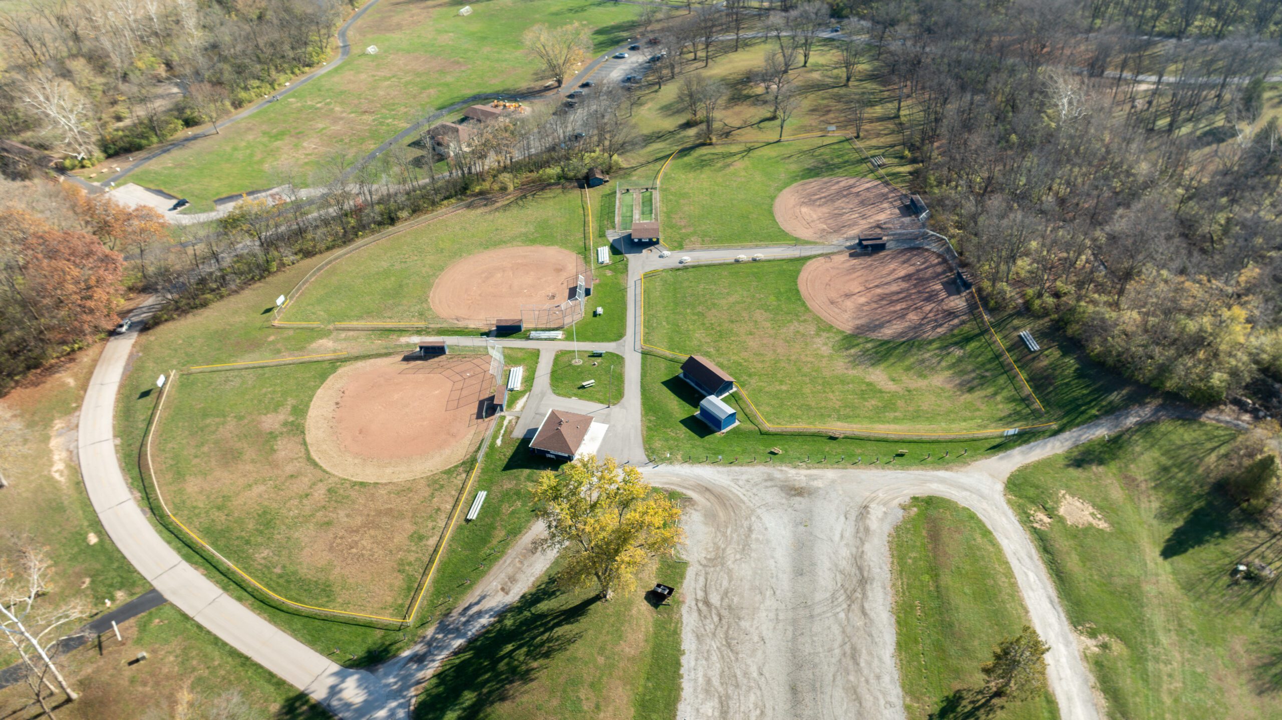 aerial view of baseball and softball fields at pioneer park